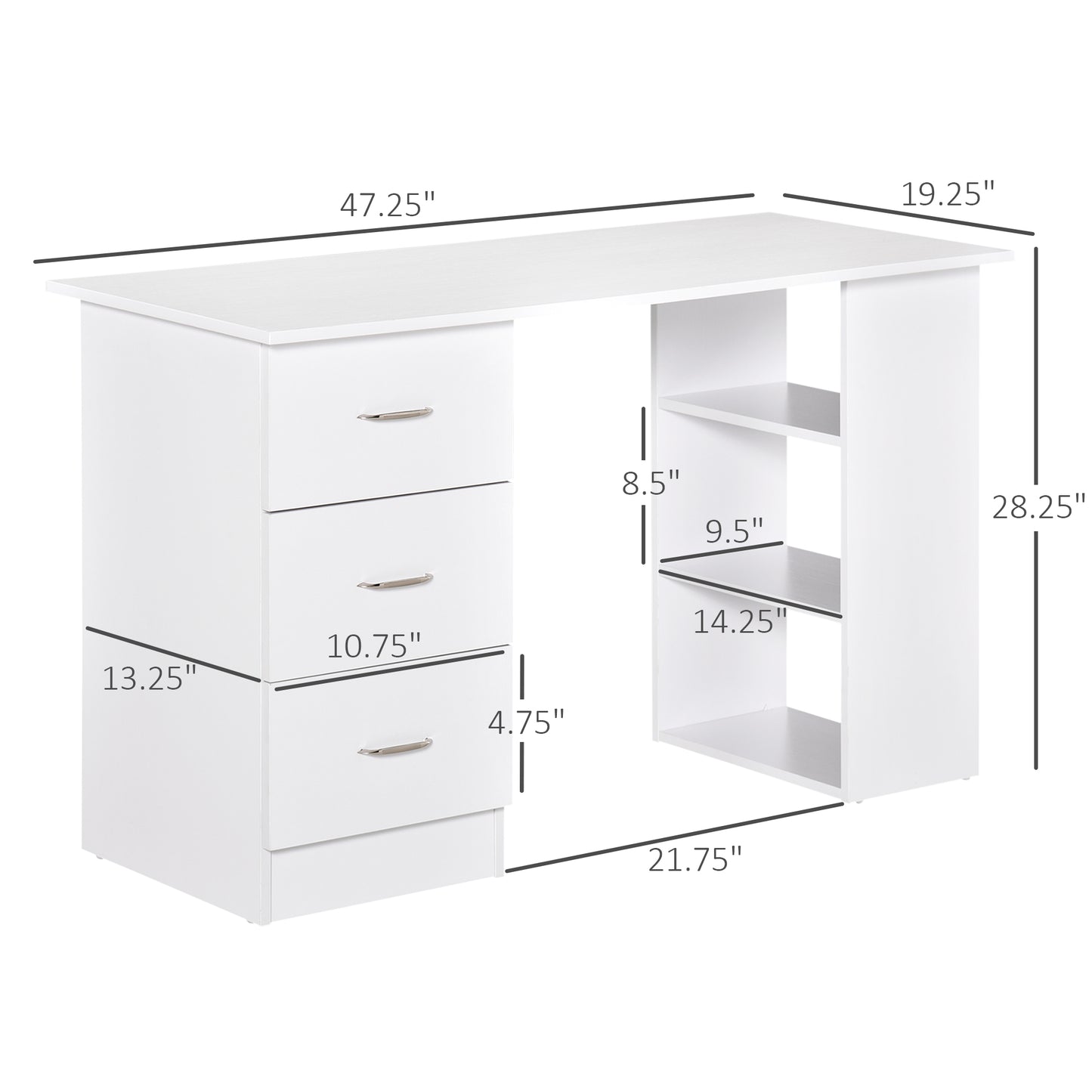 47" Modern Home Office Computer Desk Bookcase Combo Writing Table Workstation with 3 Drawer and Storage Shelf - White