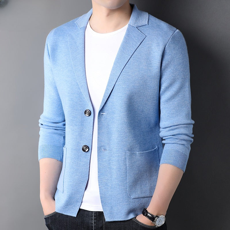 Mens Wool Knit Suit Jacket Korean-Style Trendy Sweater