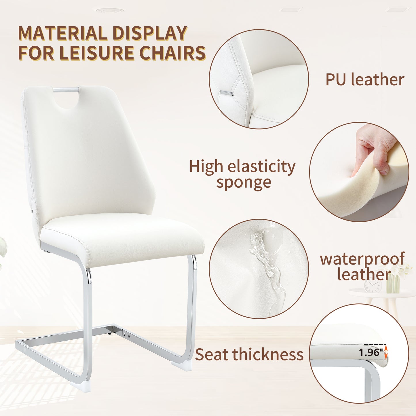 Dining Chairs Set Of 2, White Faux Leather Kitchen Chairs With Gold Mesh Texture, Silver Back Ring And Chrome Pull Handle, High Back Upholstered Dining Room Chair White, Set Of 2