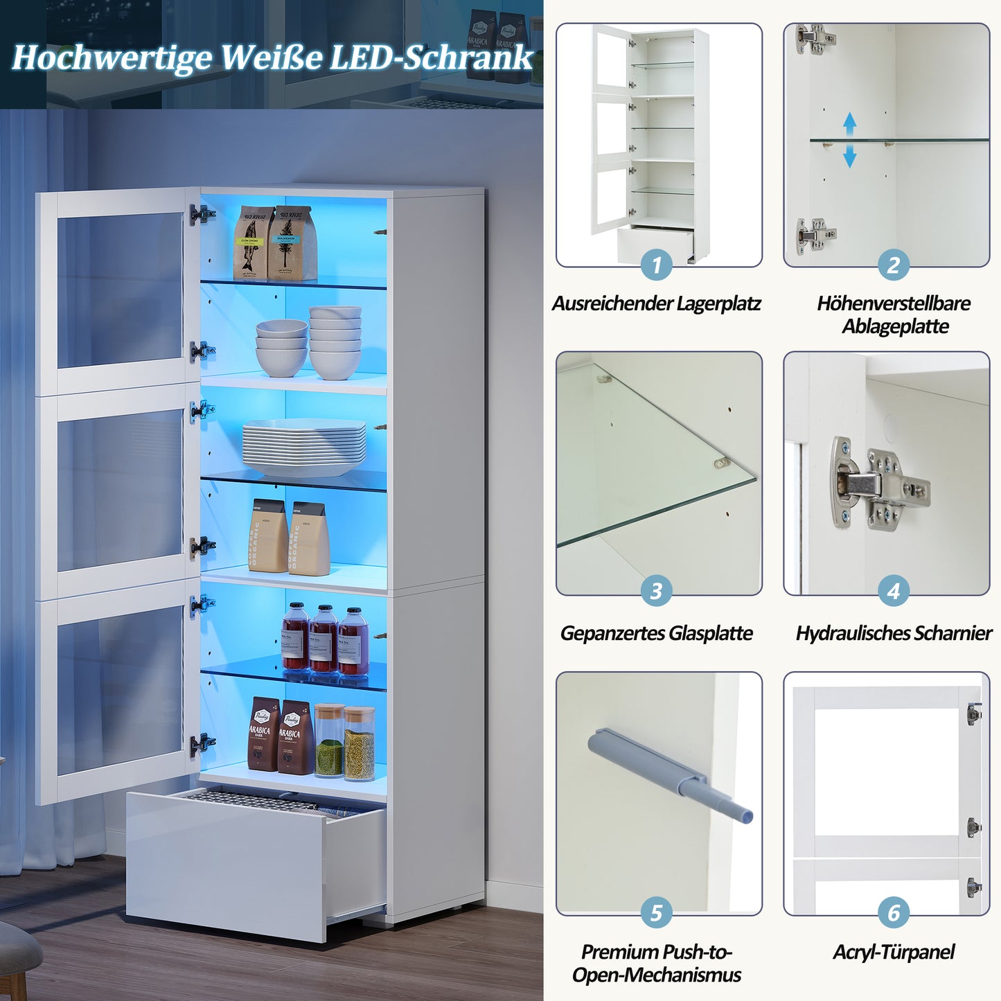60x40x173cm Wardrobe,Showcase Outdoor Acrylic Wardrobe Door, Showcase High Gloss Storage Cabinet With LED Lighting, 3 Glass Floors, Highboard, Living Room Wardrobe, Storage Cabinet, Wardrobe, Sofa Clo