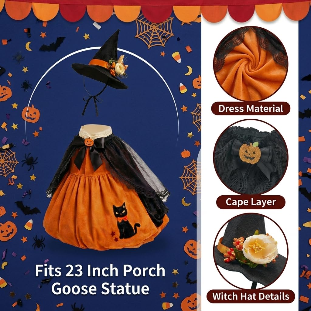 Halloween Porch Goose Outfits, Pumpkin Witch Black Cat Dress With Hat For 23'' Lawn Cement Plastic Goose Cute Porch Goose Outfit For Outdoor Garden Yard Decor
