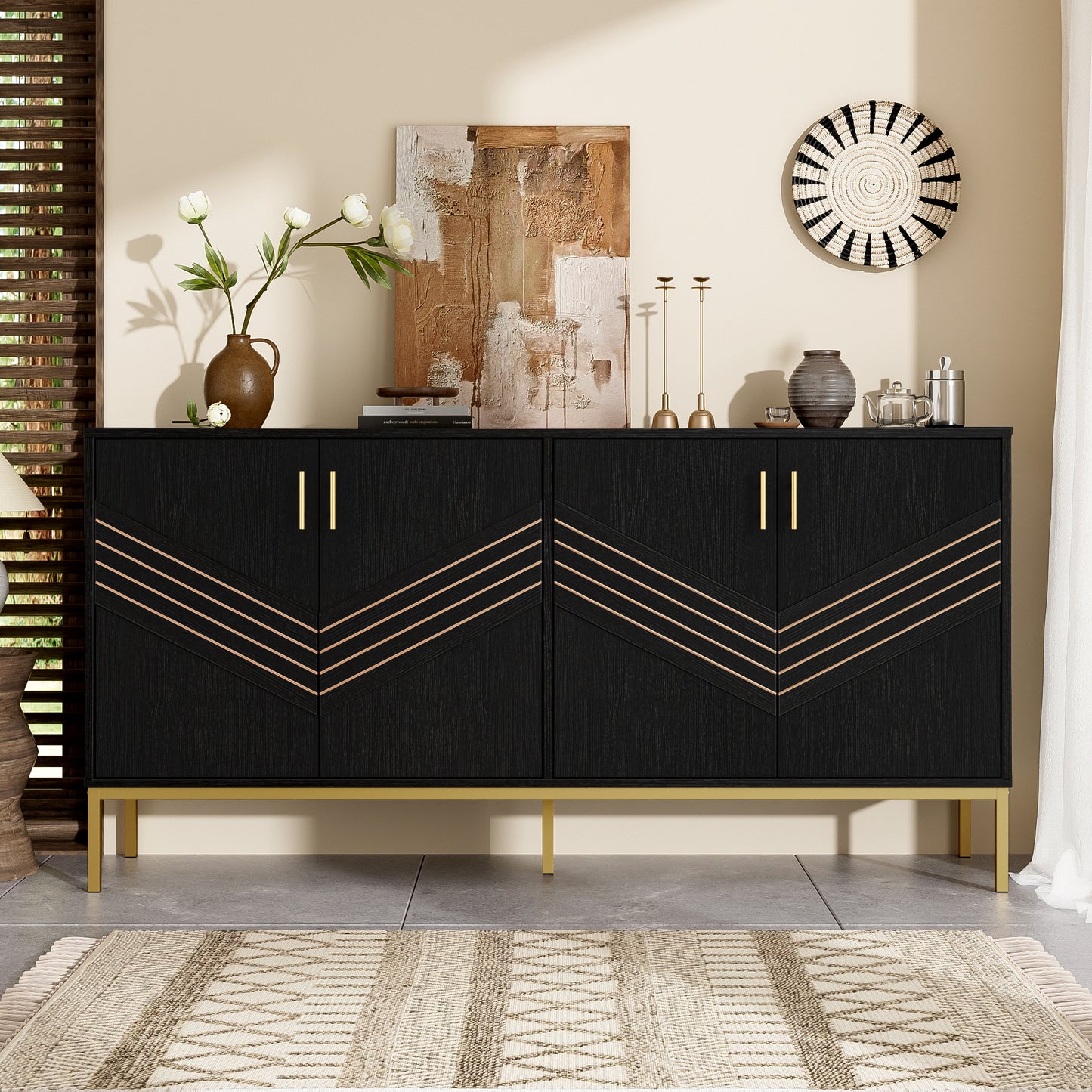 Modern Sideboard With 4 Doors Stylish Design In Black And Gold, MDF Body With Metal Legs, Large Capacity, Height-adjustable Shelves For Living Room, Dining Room & Hallway