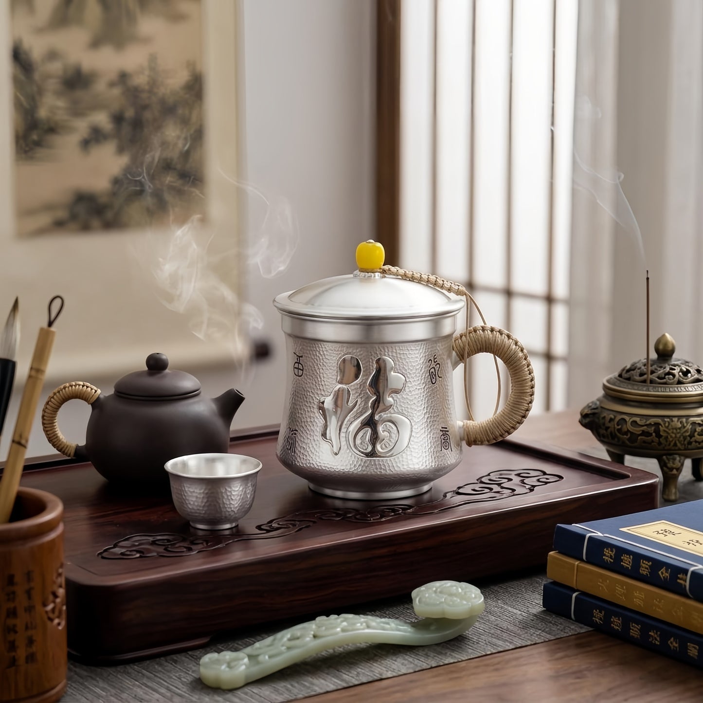 925 Sterling Silver Traditional Hammered Silver Tea Mug with Embossed Fu Character and Woven Accents - Handicraft