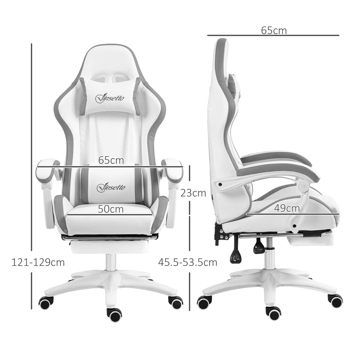 Vinsetto Computer Gaming Chair, PU Leather Desk Chair With Footrest, Swivel Task Chair With 135° Reclining Back And Lumbar Support, PC Chair For Adults, White And Grey
