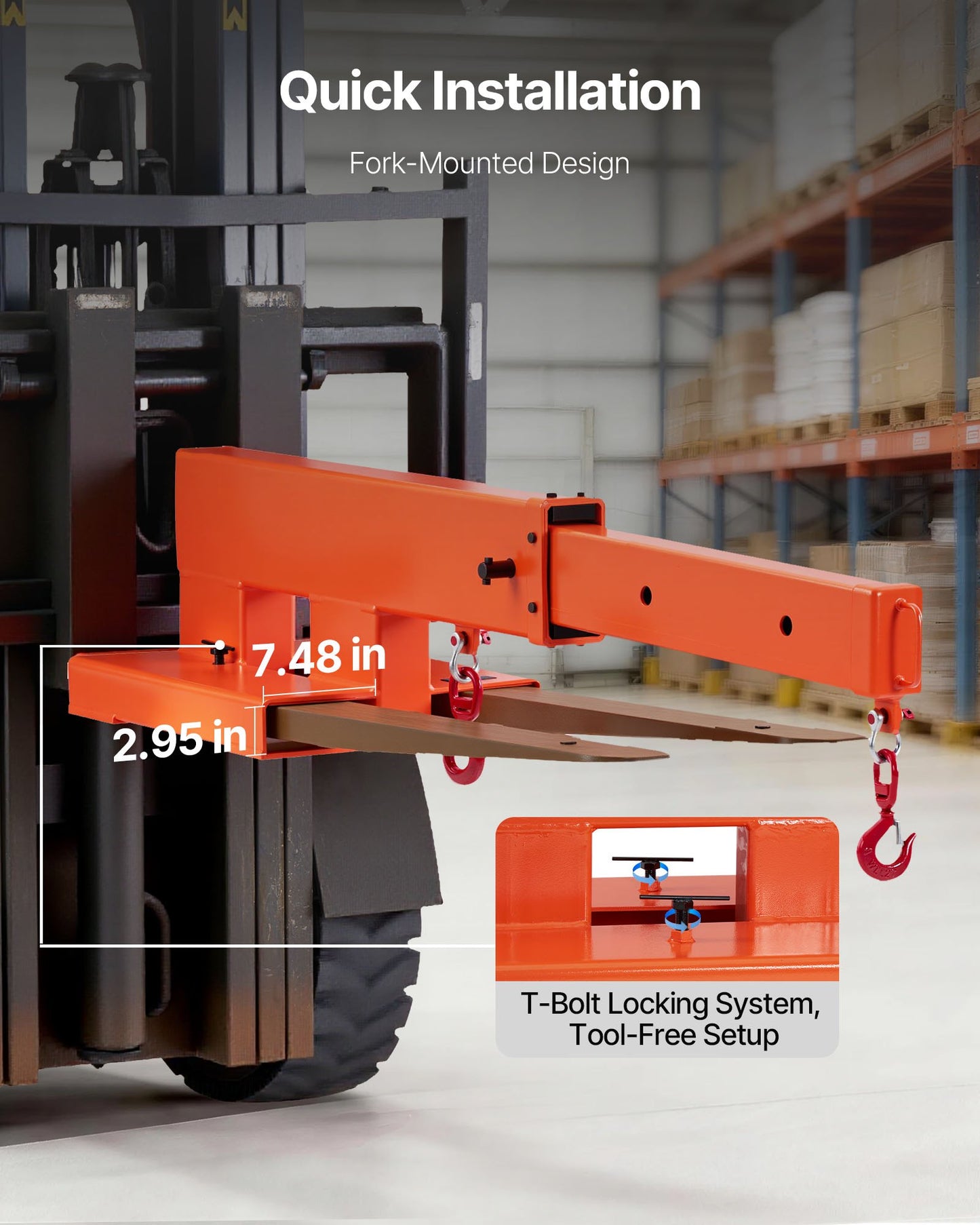 Forklift Jib Boom Crane, 5500 Lbs Capacity, Forklift Mobile Crane Lifting Hoist With 2 Hooks, Manual Telescopic 47.2-73.5 In, Boom Attachment Towing Handling Equipment For Warehouse & Factories