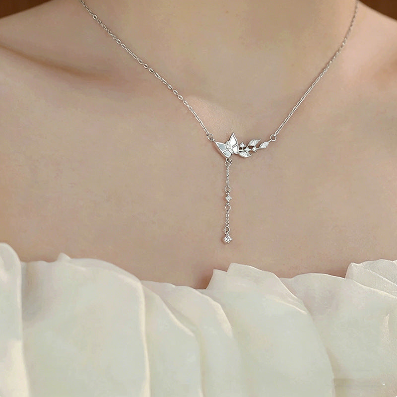 999 Fine Silver Butterfly Necklace With Tassel & White Shell, Forest Style Luxury Clavicle Chain, Gift For Girlfriend & Best Friend