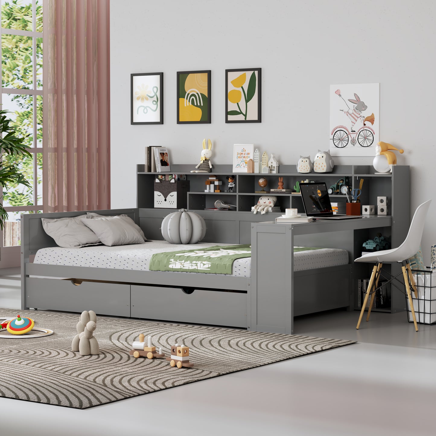 Wooden Full Size Daybed With Storage Shelves, Multi-functional Bed With Two Storage Drawers And Study Desk, Gray