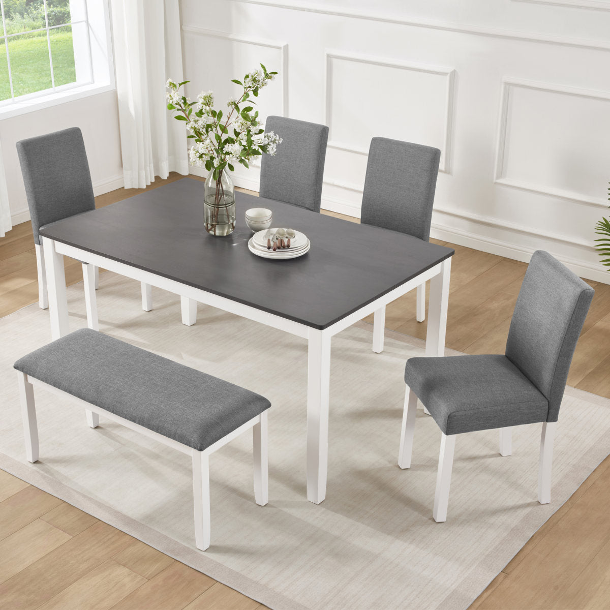 6-Piece Dining Table Set with Bench and Chairs, Dining Table Set for 6 with Bench, Wooden Dining Table Set for Kitchen, Dining Room, Grey & White Two Tone
