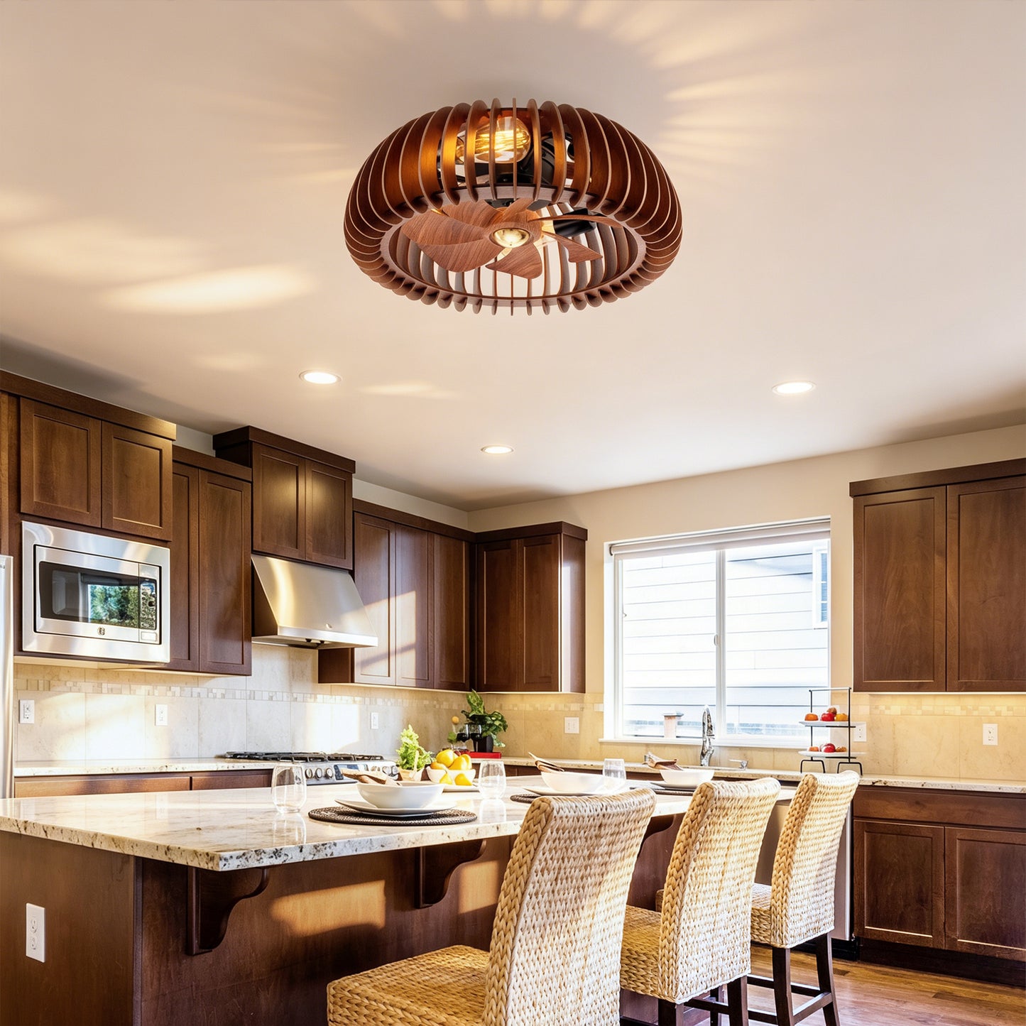 20 Semicircle Modern Flush Mount Fan Light,Ceiling Fans With Lights NO INCLUDED BULBS And Remote Control, 6 Speeds, Quiet DC Motor For Living Room, Bedroom,Kitchen----Wood