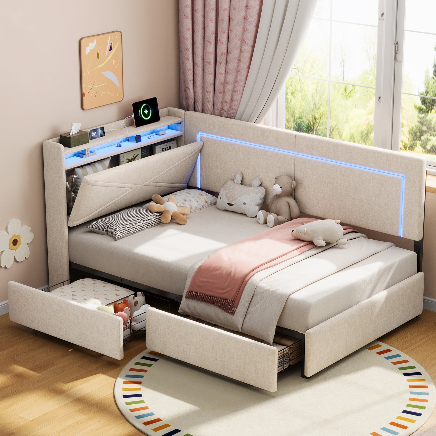 3ft Single Daybed With Two Storage Drawers, LED Concealed Headboard Storage With Charging Station, Modern Linen Sofa Bed For Living Room Bedroom Study Room, 90X190cm, Beige No Mattress