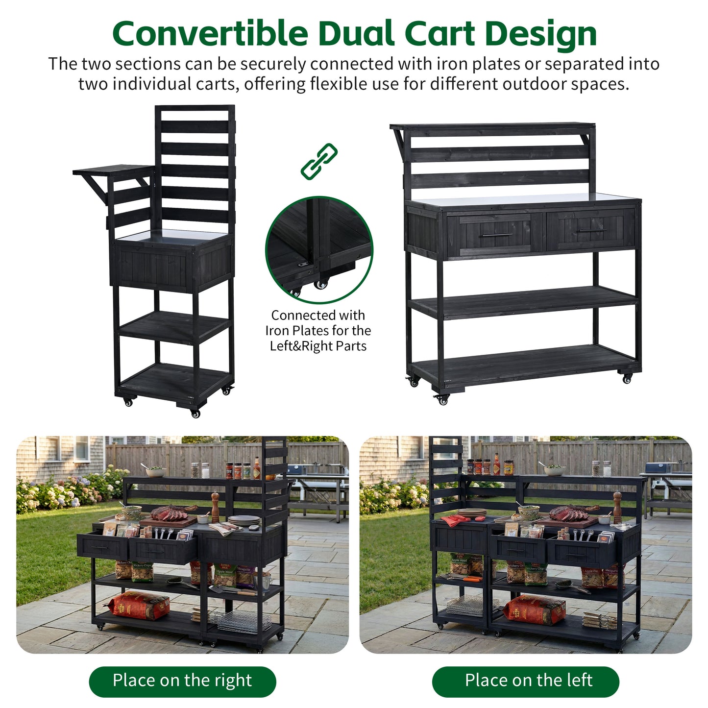 With Assembly Video TOPMAx 62.3 Patio Kitchen Island Solid Wood Kitchen Cart With Stainless Table Top Garden Potting Bench With Raised Shelf And Drawers Grill Prep Table For BBQ Party Black