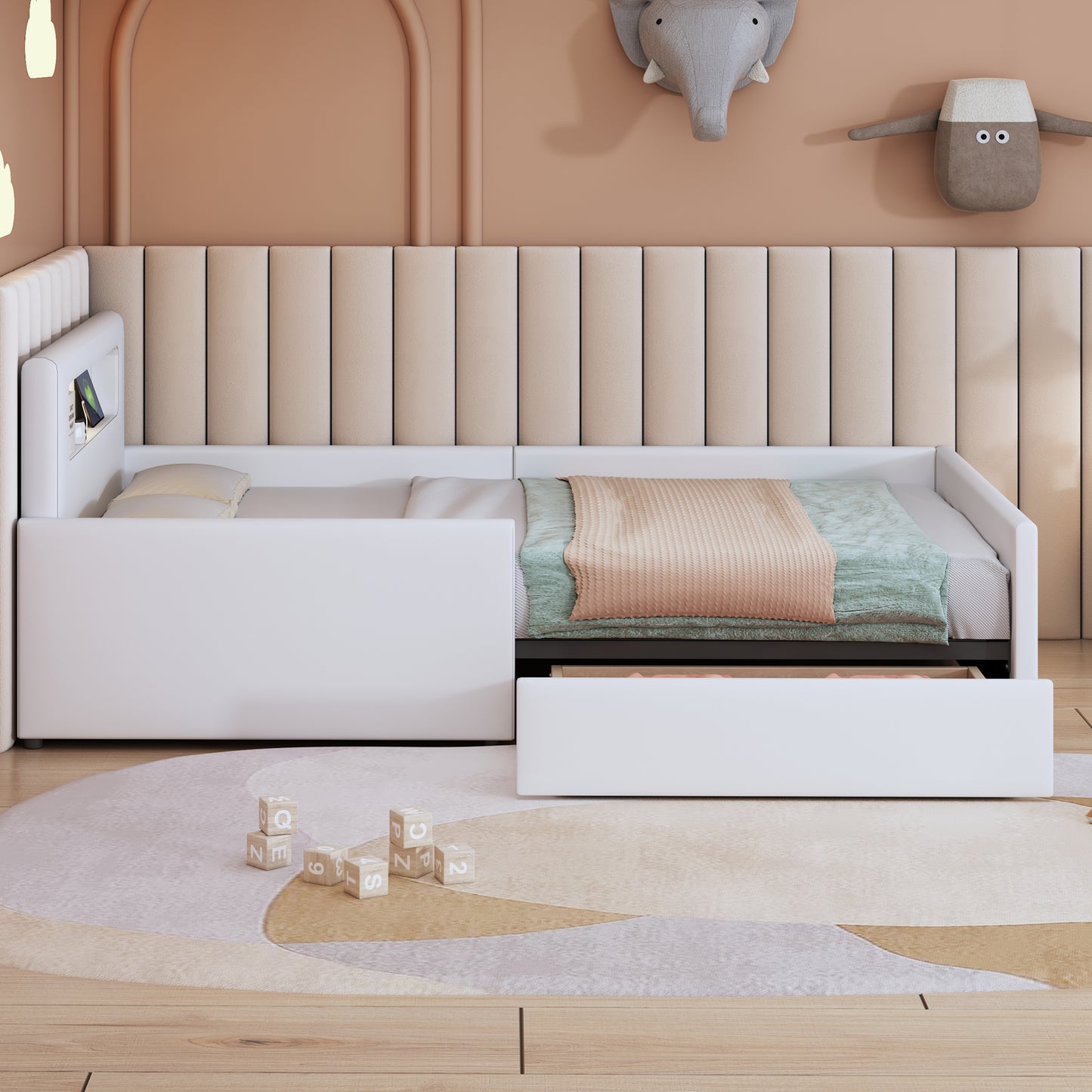 Upholstered Bed Children's Bed 90X200 Cm, With Night Light And USB Charging Port, With Storage Compartments, Raised Side Panels For Safety, Simple Single Bed, Boy And Girl Bed, Faux Leather Fabric, Wh