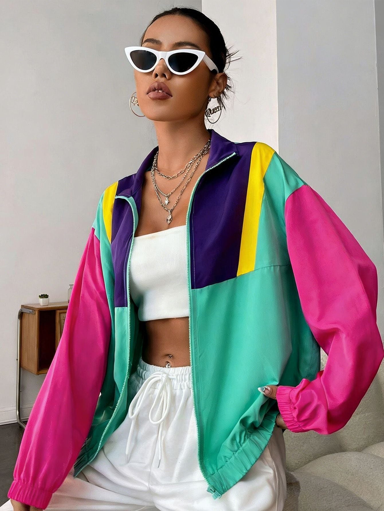 New Summer Casual Color-block Patchwork Zip-up Jacket For Women
