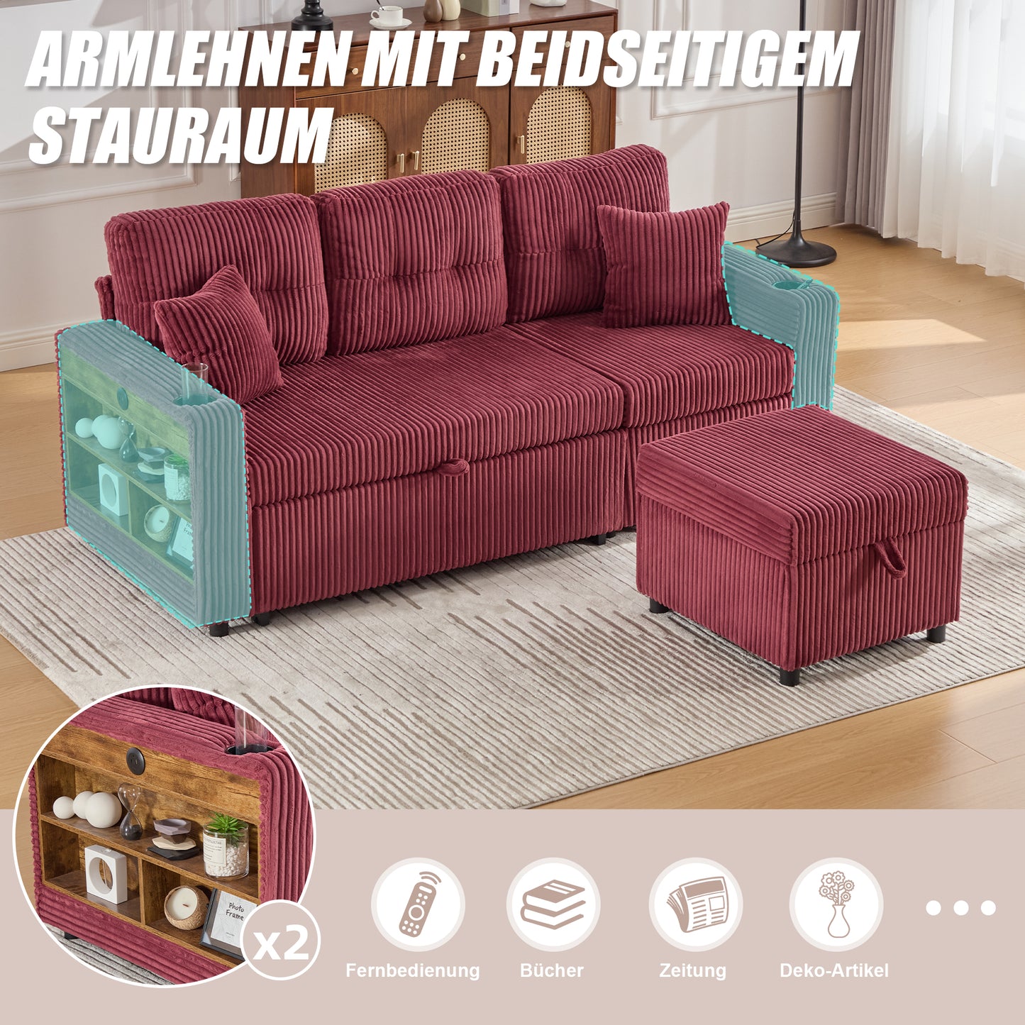 Multifunctional Corduroy Sofa With Storage Space & Pull-out Bed. Incl. USB-C, Ambient Lighting, Cup Holders & Wide Armrests. Creates Cosy Feel-good Areas In Living Rooms And Guest Rooms.