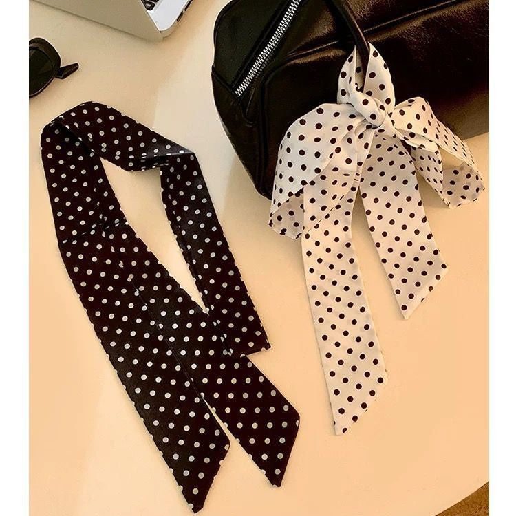 Korean-style Black And White Polka-Dot Silk Scarf For Women