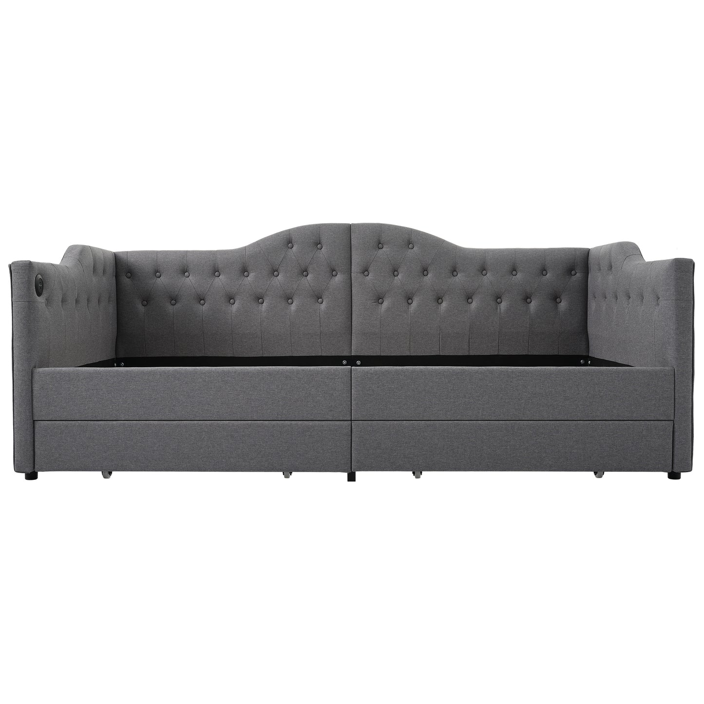 Upholstered Bed Daybed Sofa Bed Storage Beds Bed Frame With USB Type C Charging And 2 Drawers 90x190cm In Grey Linen Without Mattress
