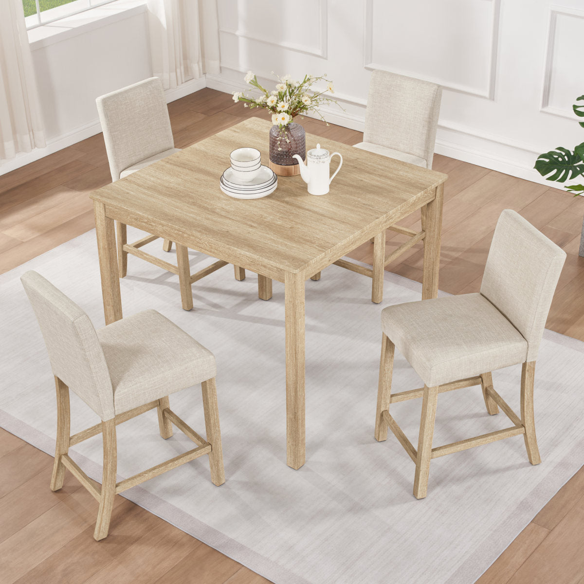 5-Piece Counter Height Table Set with 4 Chairs, Counter Height Table Set for 4 with Chairs, Wooden Counter Height Table Set for Kitchen, Dining Room, Light Oak