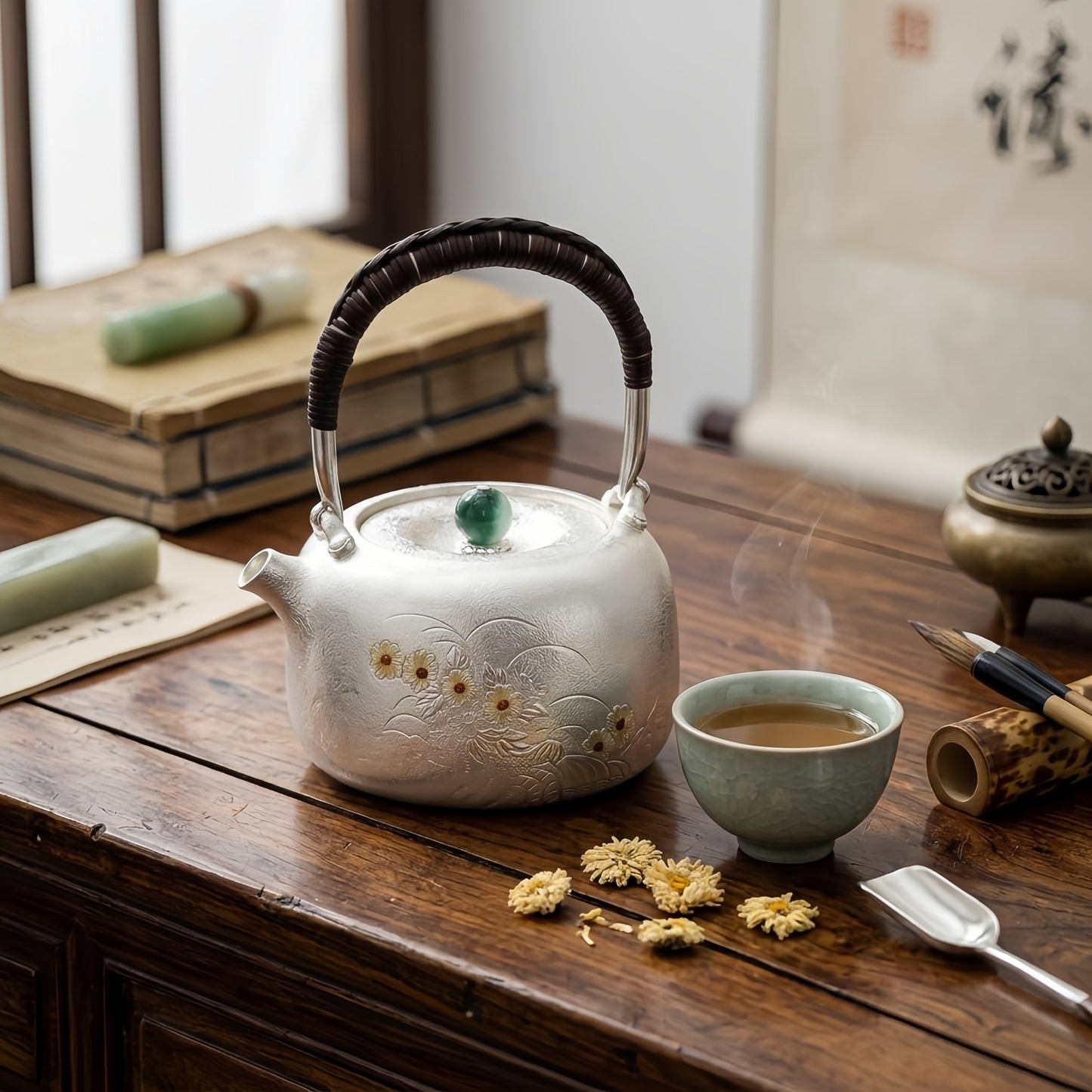 925 Sterling Silver Handcrafted Silver Tea Kettle Featuring Delicate Flower Motifs and Woven Handle - Handicraft