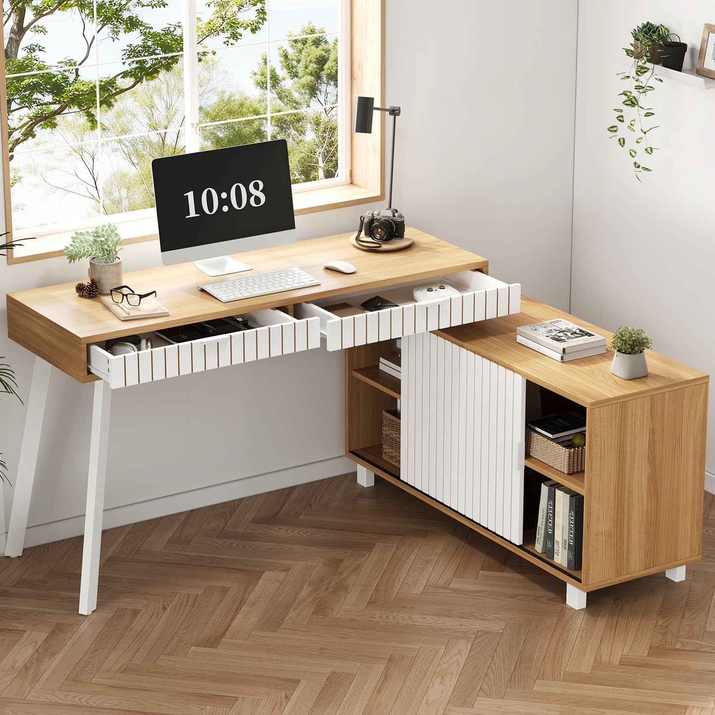 140x120x76.5cm L-shaped Desk, Modern Minimalist Style, Vertical Stripe Pattern, Steel Legs, Two Drawers, Spacious Cabinet, Natural Color White.