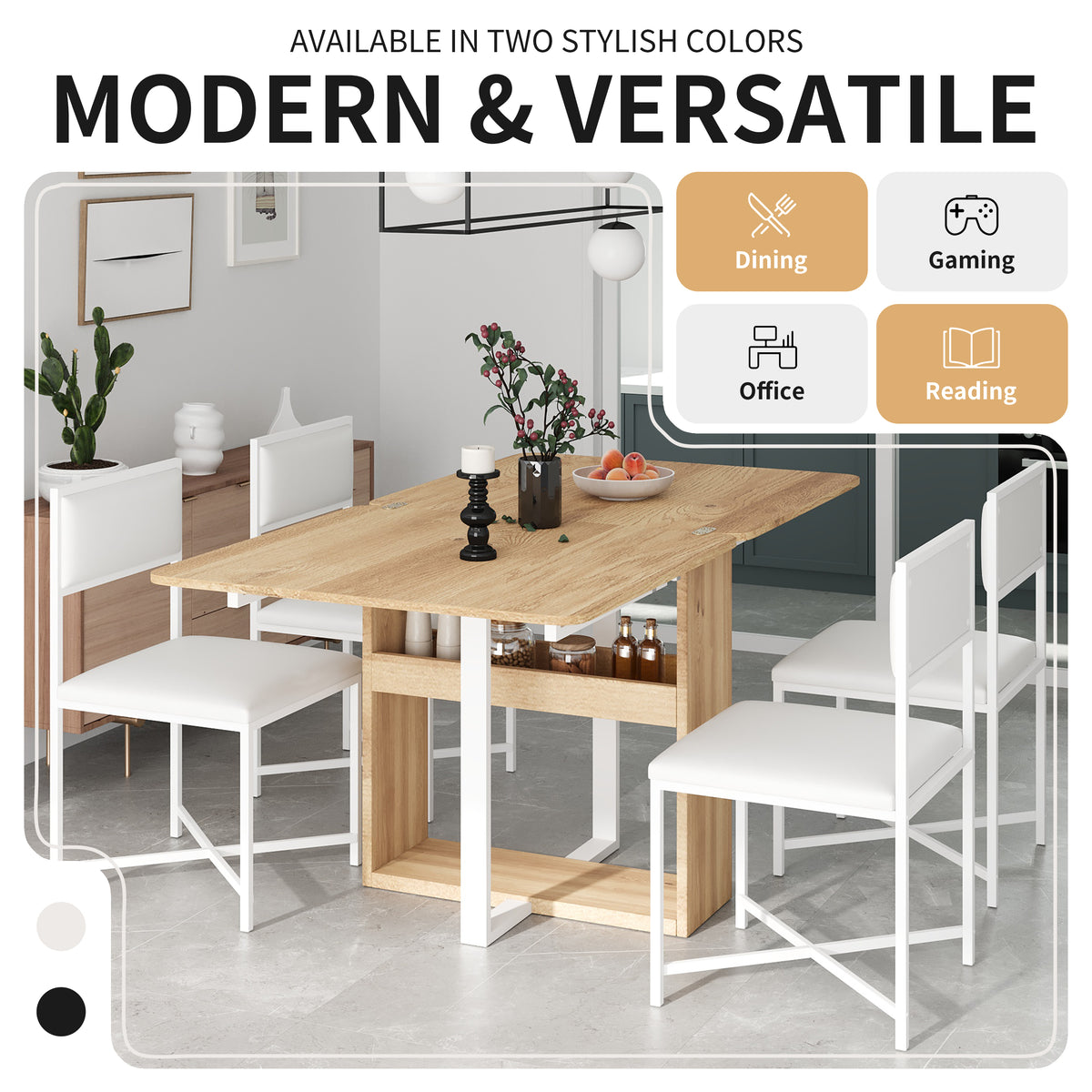 TOPMAX Modern Compact 63inch 5-Piece Extendable Dining Table Set, Foldable Square Kitchen Table Set With Storage Rack And 4 PU Leather Upholstered Dining Chairs For Small Places, White