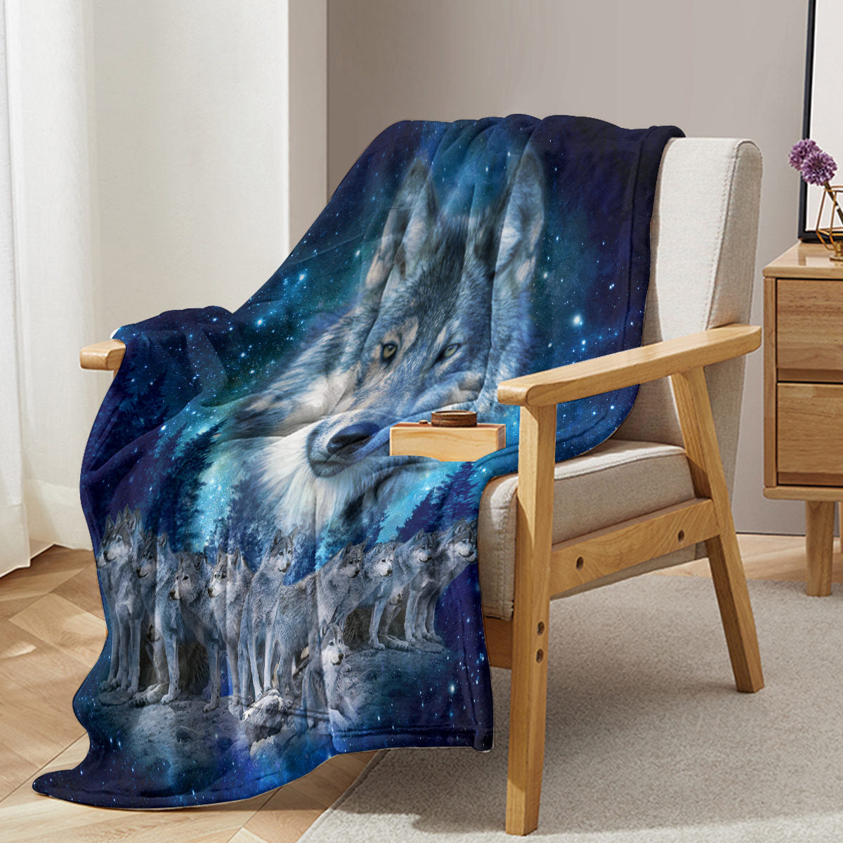 1pc Starry Wolf Pack Soft Printed Flannel Sofa Blanket Comfortable And Warm Home Use Suitable For Bed Sofa Camping And Multi Scene Seasonal Use