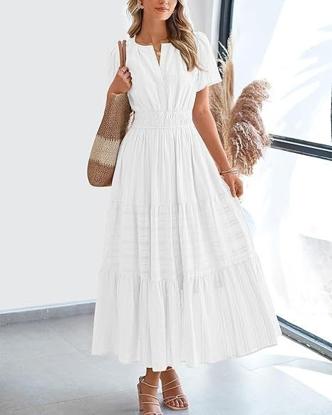 Spring Summer New Arrival Women's Dress, Fashion V-Neck Ruched Puff Sleeve Tiered Swing Dress