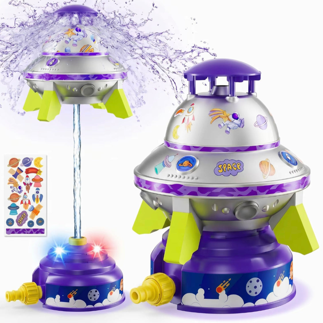 Kids UFO Rocket Water Sprinkler, Flying Saucer Water Launcher With Colorful LED Flashing Lights & DIY Stickers, Outdoor Summer Water Toy For Yard & Garden