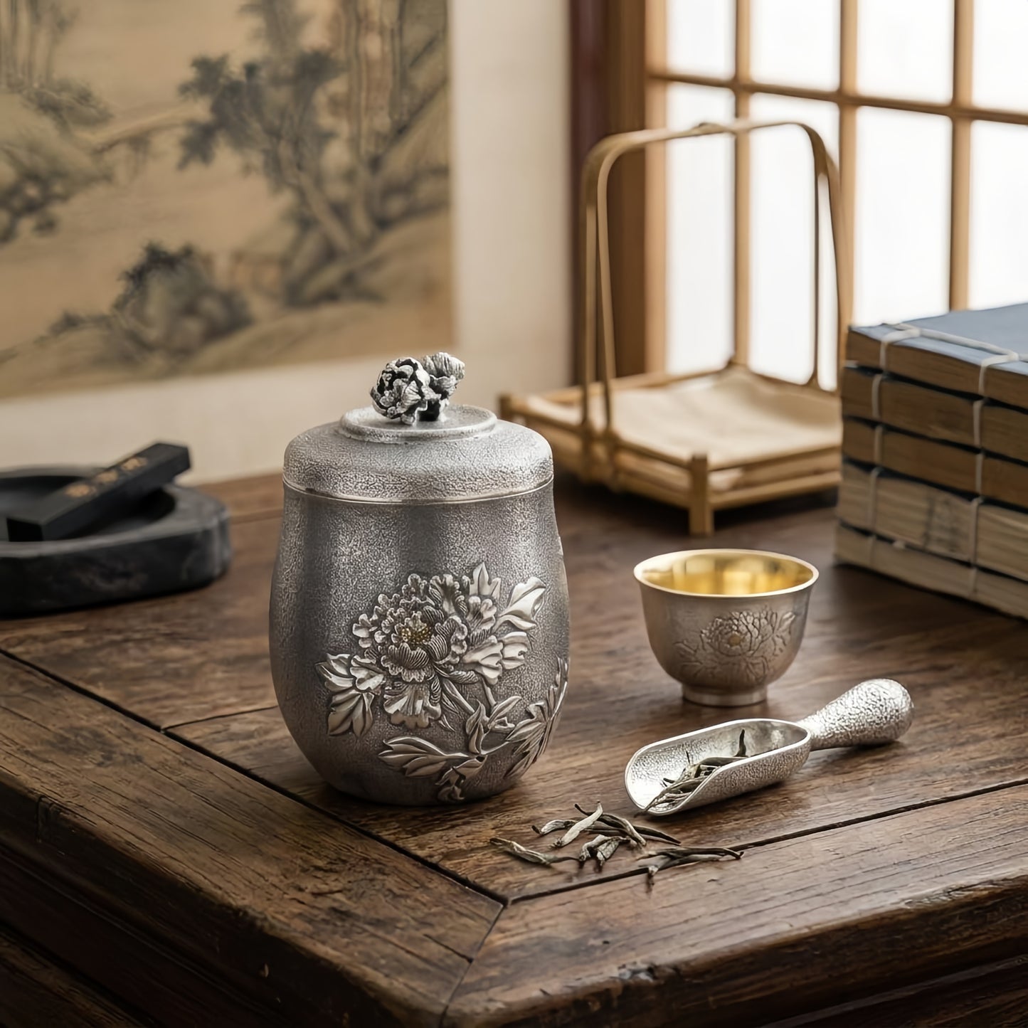 Pure 999 Fine Silver Elegant Handcrafted Silver Peony Tea Caddy with Textured Relief and Floral Lid - Handicraft