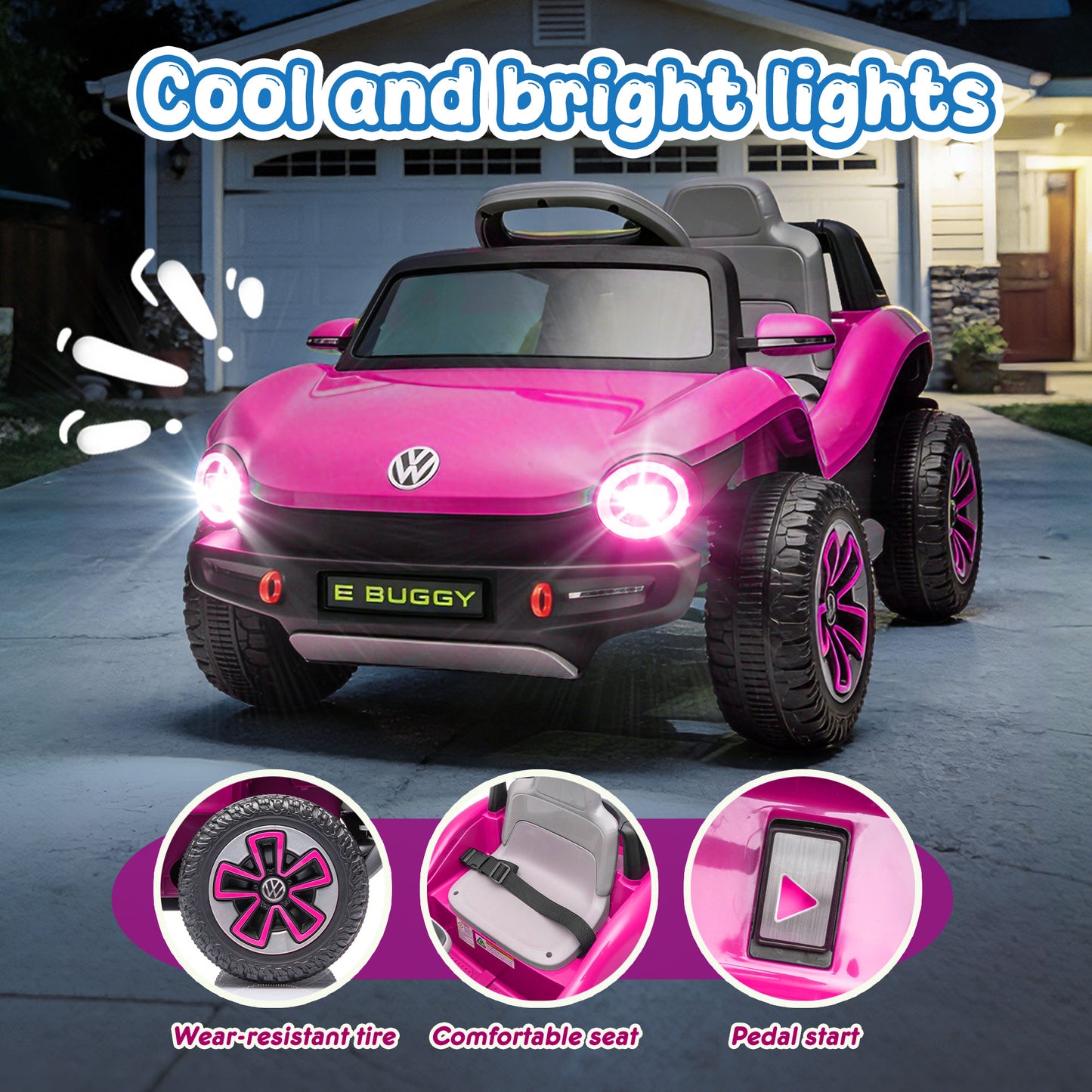 12V Licensed Beetle Kids Ride On Electric Car W 2.4G PC,Cute&Curvy Body,2WD,4-Wheel Suspension,Rear Cargo Storage,Bright Front Headlights,Bluetooth,USB,Music,Speeds 1.5-2.5MPH For Kids 3-5