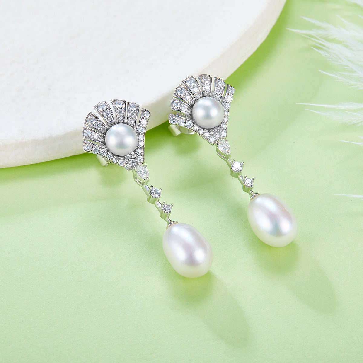 S925 Sterling Silver Pearl Dangle Earrings, Fan Pave, Teardrop Pearl, Platinum Plated, 4.5g, Gift Box