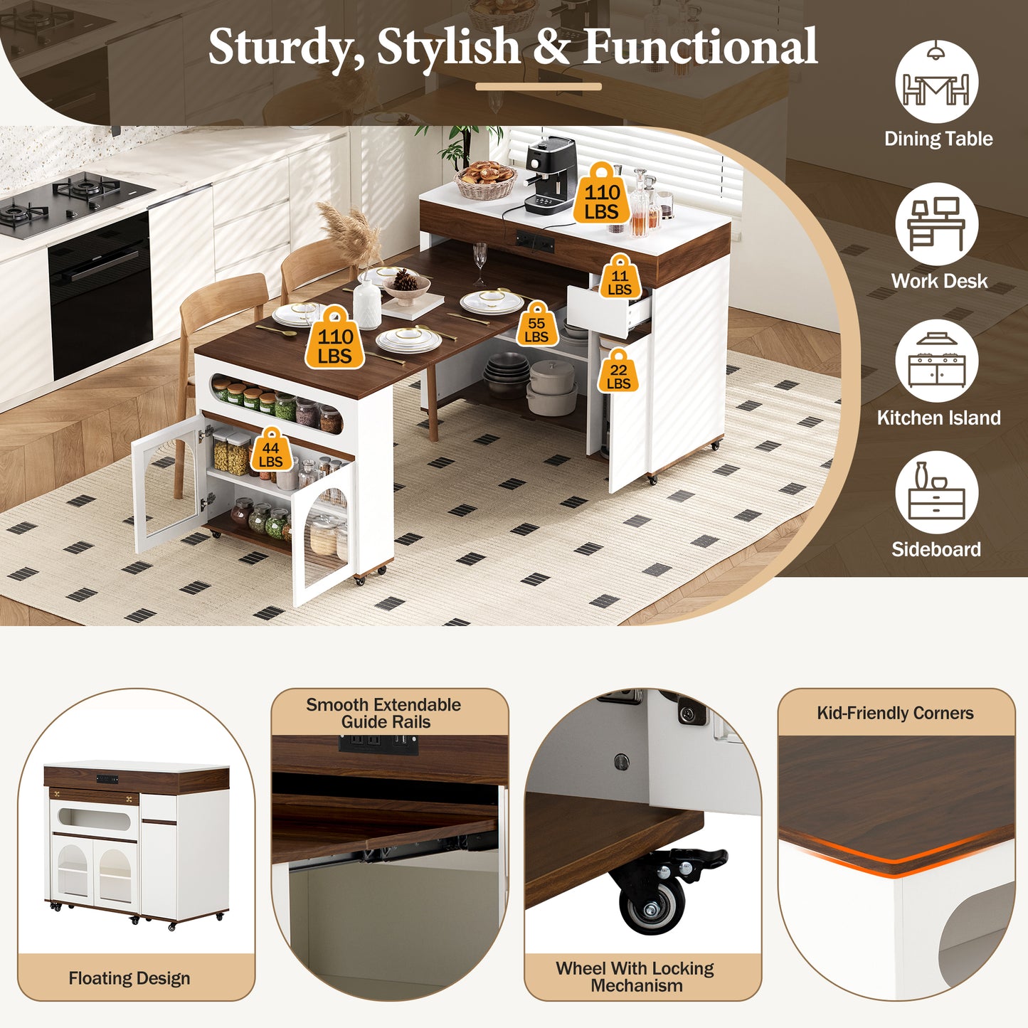 TREXM Extendable Dining Table With Extra-Long Folding Top Rolling Kitchen Island With Drawers Power Outlet And Brake Lock Storage Cabinet For Kitchen And Dining Room Walnut Creamy White