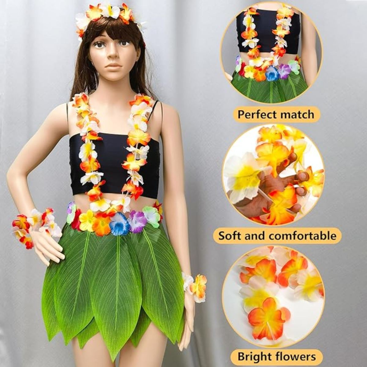 6-Piece Hawaiian Costume Set: Hawaiian Grass Skirt With Flower Necklace, Pineapple Sunglasses, Party Costume,Tropical Party, Beach Party, Palm Leaf Skirt, Party Accessories, Hawaiian Hula Skirt