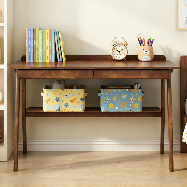 Solid Wood Writing Desk, Home Office Desk For Small Spaces, Mid Century Modern Desks With 2 Drawers & Storage Shelf, Standing Desk With Side Hooks For Study, Bedroom, Office Walnut