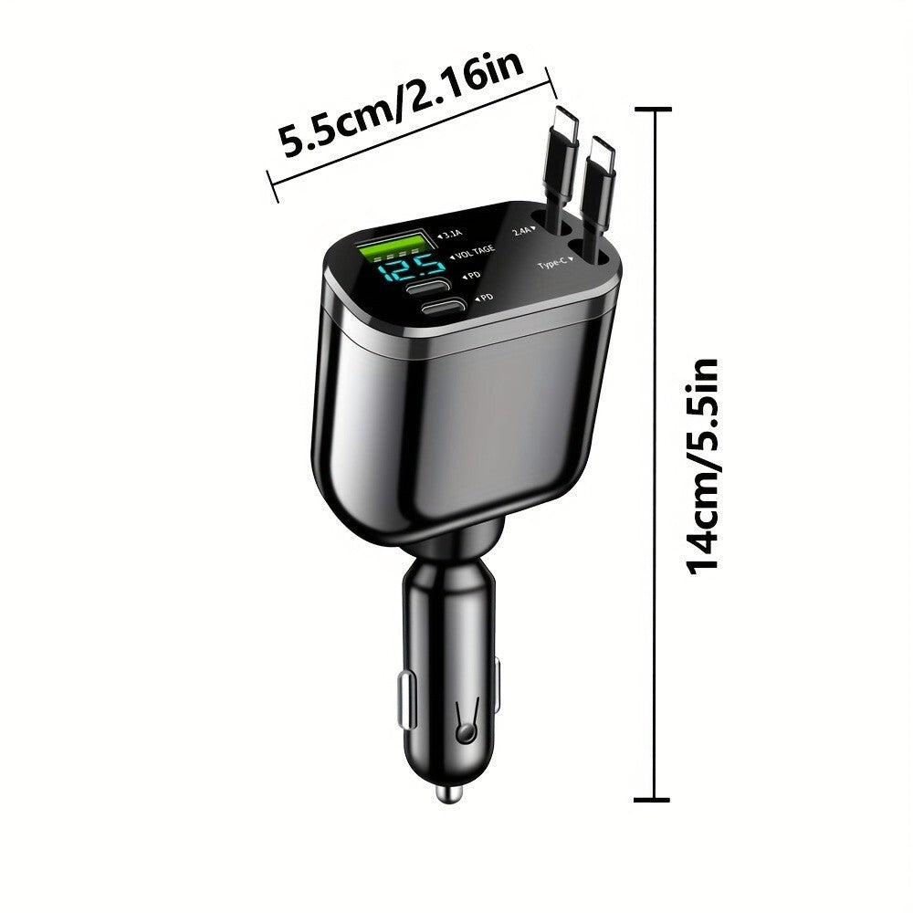 5 In 1 Fast Charging Car Charger With Retractable Cable 2 PD Car Charger