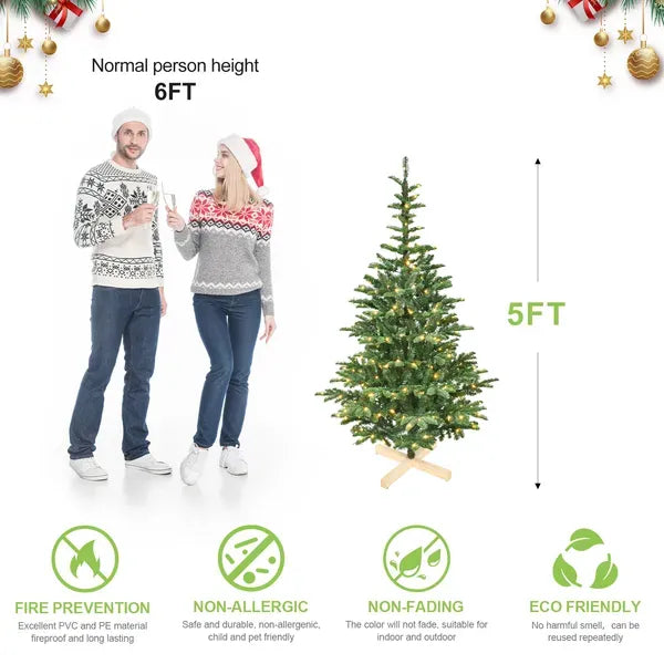 Artificial 8ft Green LED-lit Christmas Tree With 1307PE/PVC Mixed Branch Tips,Hinged Premium & Foldable Base For Indoor Holiday Decorating