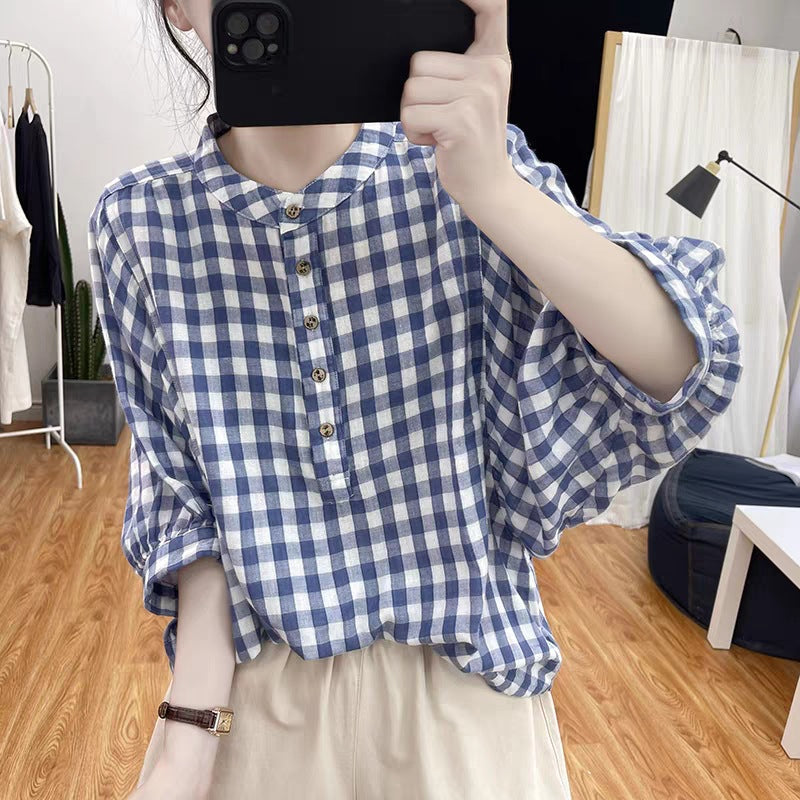 Summer Japanese-Korean Style New Thin Blue-and-white Small-check Shirt