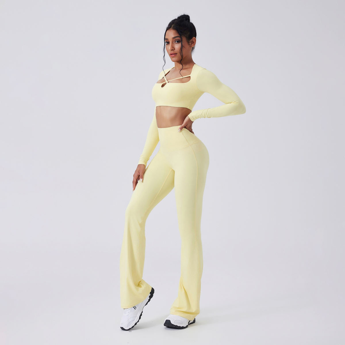 Color-blocking Yoga Hollow-out Slim-fit High-waist Flared Pants Long Sleeve Set