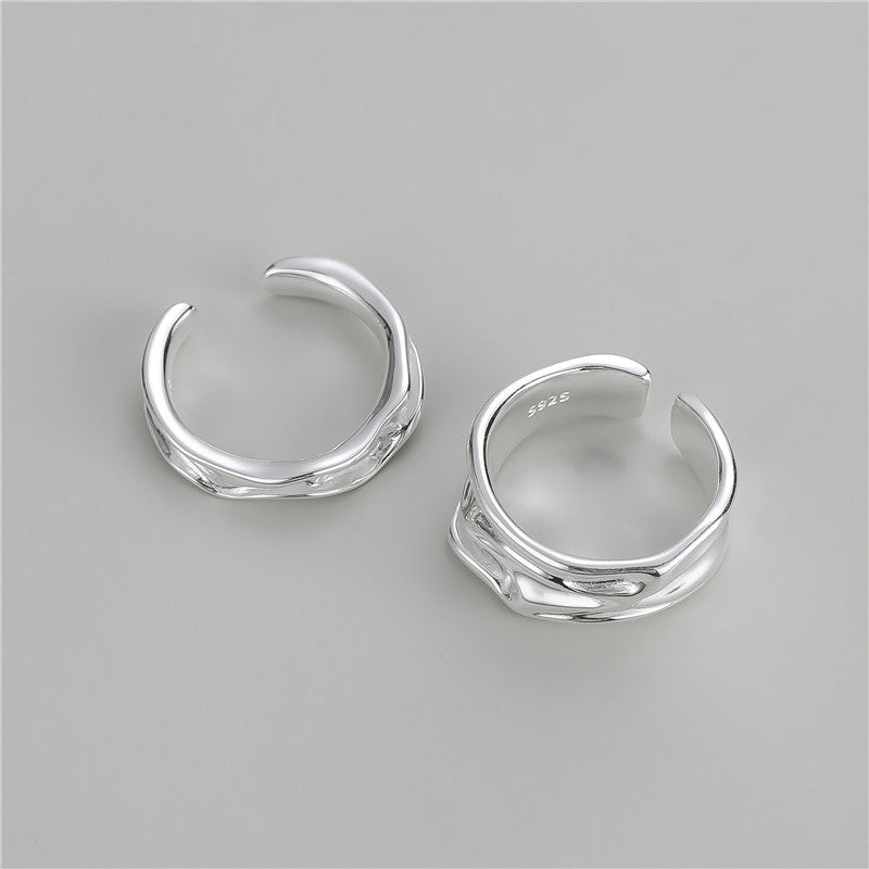 925 Sterling Silver Korean Style Irregular Stream Texture Ring, Textured Streamlined Design, INS Minimalist Fashion Statement Ring For Bloggers