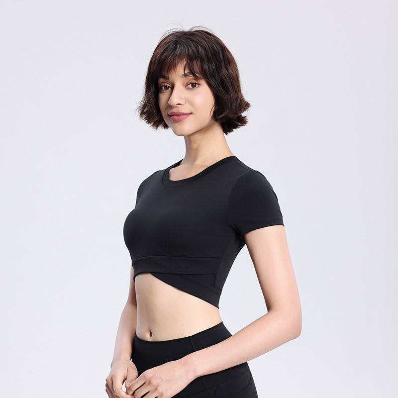 Women's Yoga Short Double-layer Hem With Chest Pad Sports Running Tight Round Neck Top