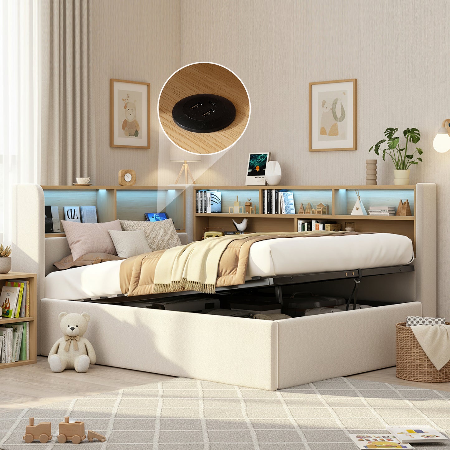 Daybed, L-shaped Upholstered With Storage Compartment, Sofa Bed With Storage, LED, USB Charging Port, 3FT Single Bed 90x190cm, Hydraulic Storage Bed Frame, Velvet, Beige