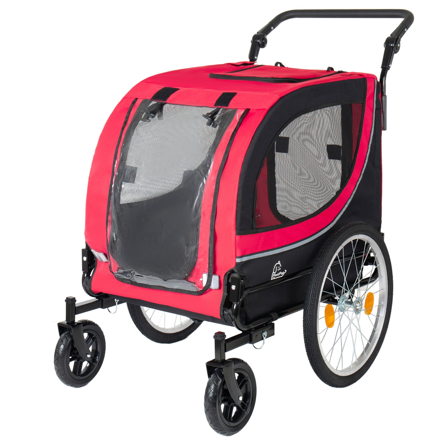 2-in-1 Bike Trailer & Pet Stroller For Dogs Up To 100lbs Foldable Pet Carrier Cart With Two 8 Front Caster & 20 Quick Release Air-Filled Wheels, Breathable Mesh And PVC Rain Cover, Red