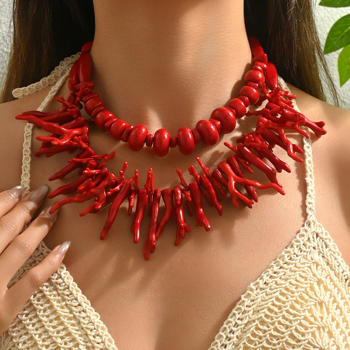 European American Fashion Women Two-Piece Jewelry Set, Versatile Multi-Layer Long Clavicle Necklace With Coral Geometric Pendant, Daily Neck Accessories