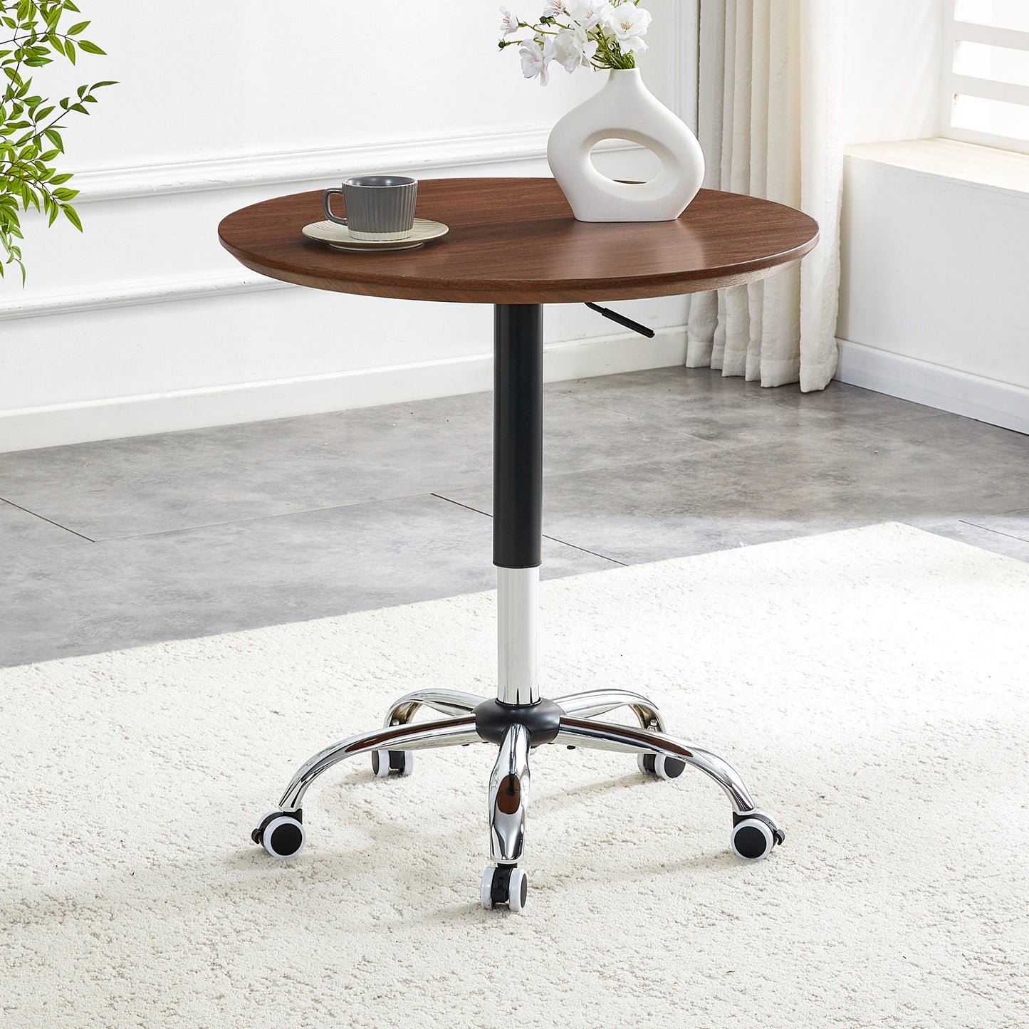 Walnut Height Adjustable Roll Side Table, Diameter 70 Cm, Modern Round Table For Home Office, Kitchen And Cafe