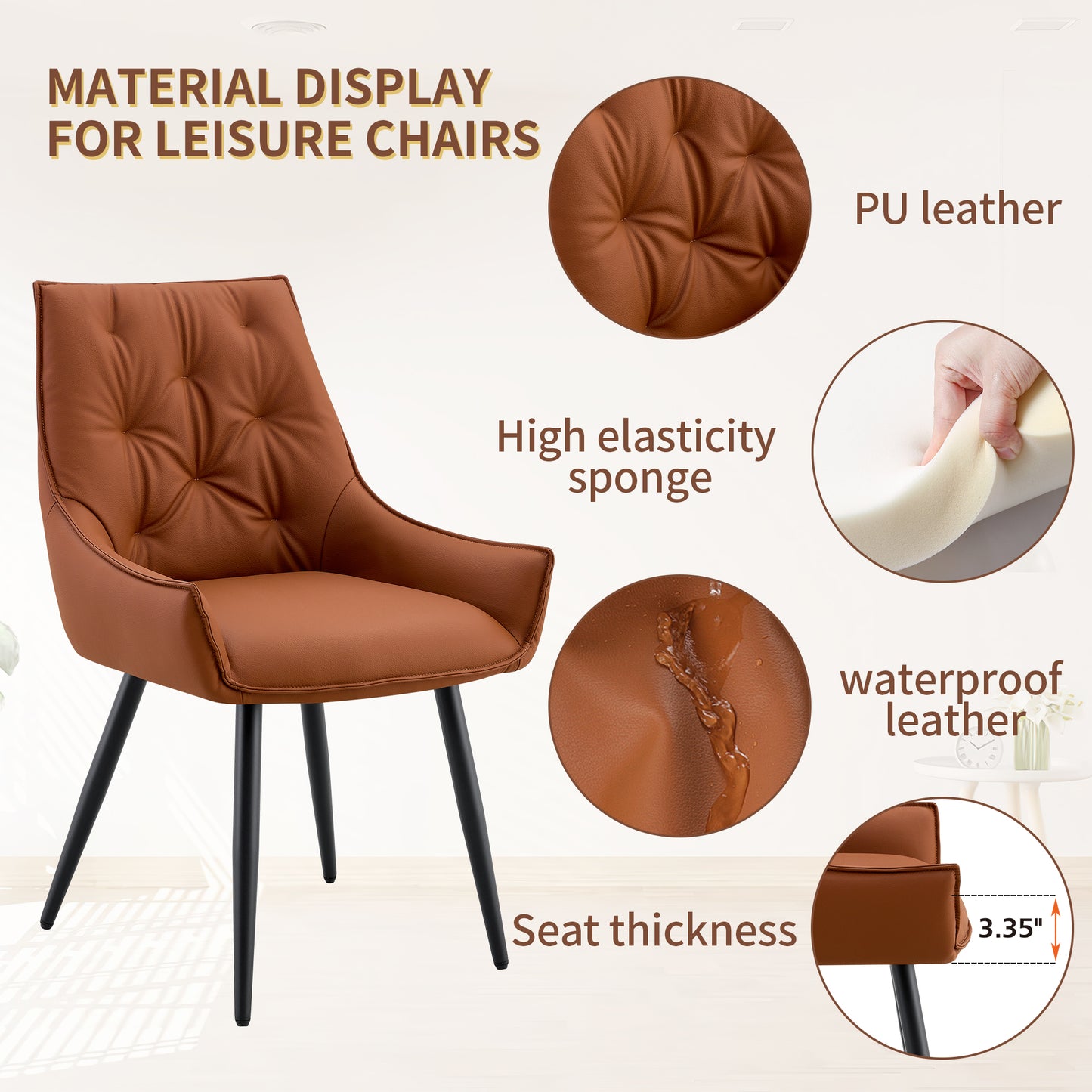 Dining Chairs Set Of 2, Camel Faux Leather Dining Room Chair, Metal Kitchen Chairs With Gold Mesh Texture And Black Sanded Legs, Flat Back Upholstered Chair Camel, Set Of 2