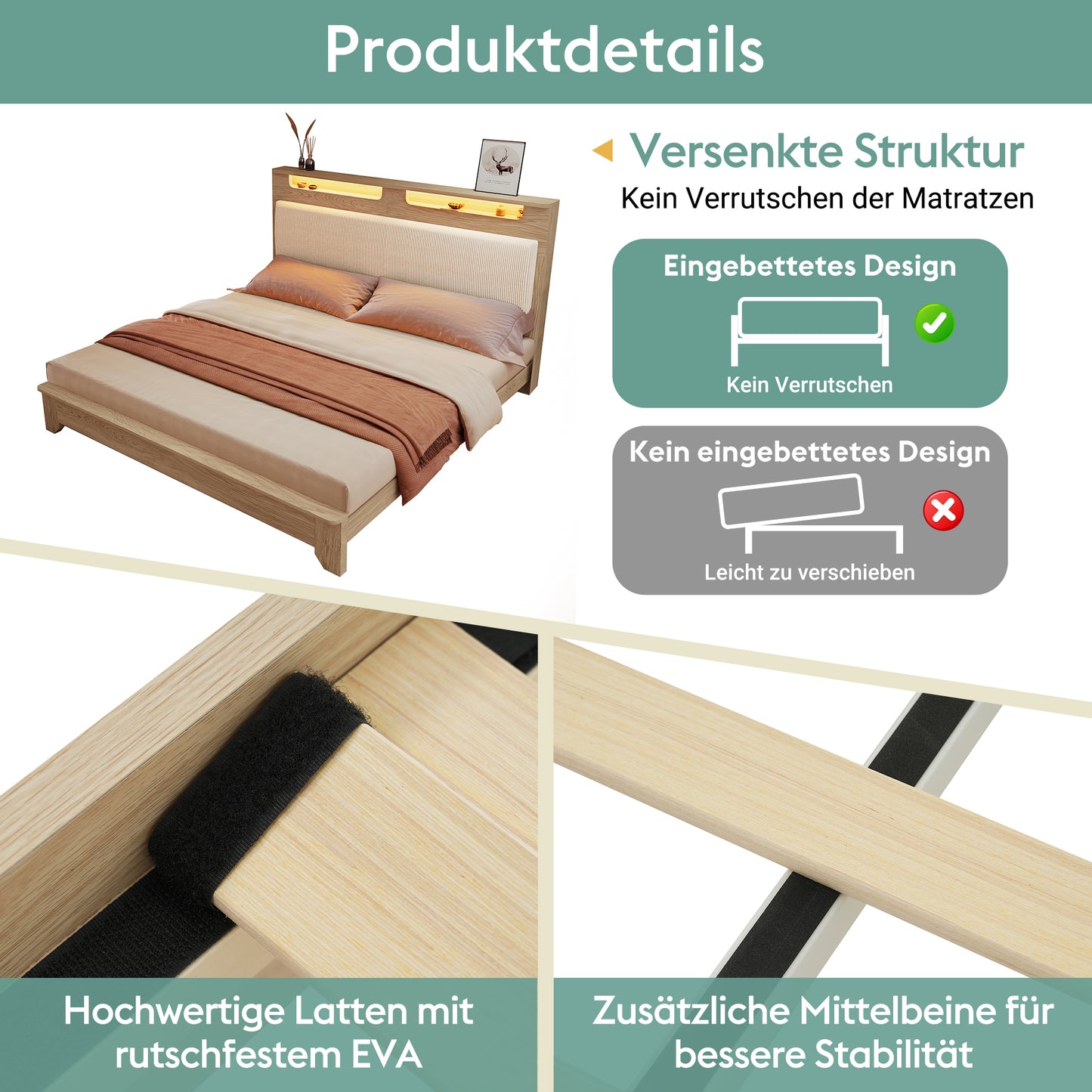 Double Bed Wooden Bed 140X200cm, Headboard With Storage Space, LED Lighting And Beige Corduroy Upholstered Backrest, Bed Frame With Wooden Slats, Light Oak Without Mattress & Bed Bench