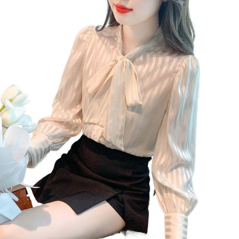 Korean-style Striped Long-sleeve Chiffon Blouse For Women