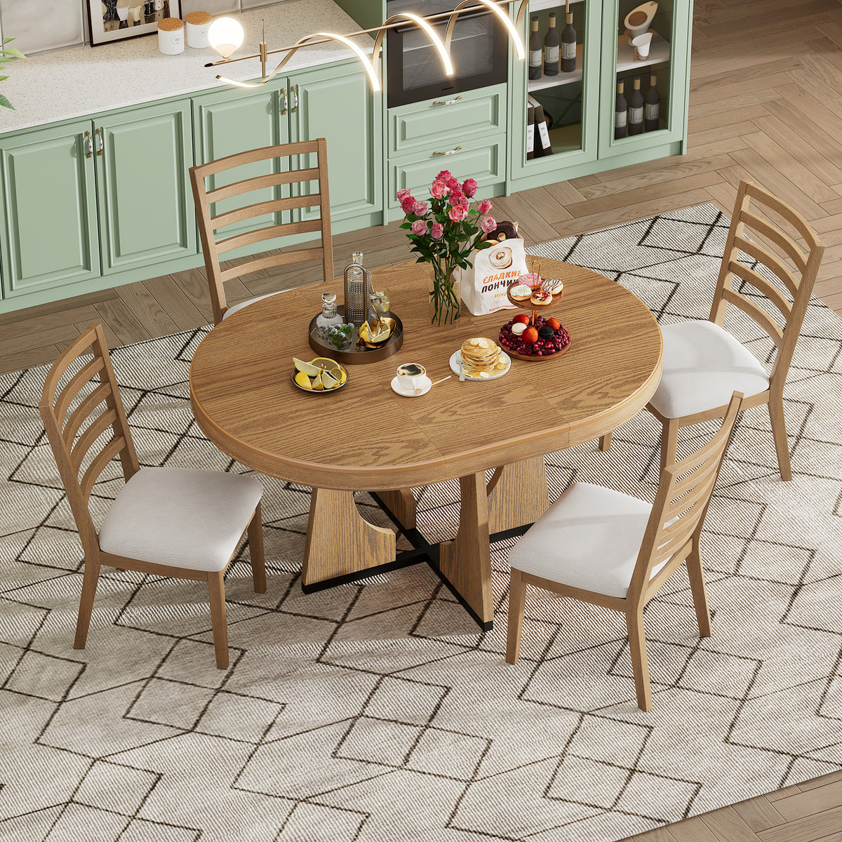 TREXM Round Dining Table For 4 With Chairs Set Extendable Dining Table Set With 16 Removable Middle Leaf 5 Piece Retro Dining Table Set Unique Geometric Design For Kitchen Dining Room Natural