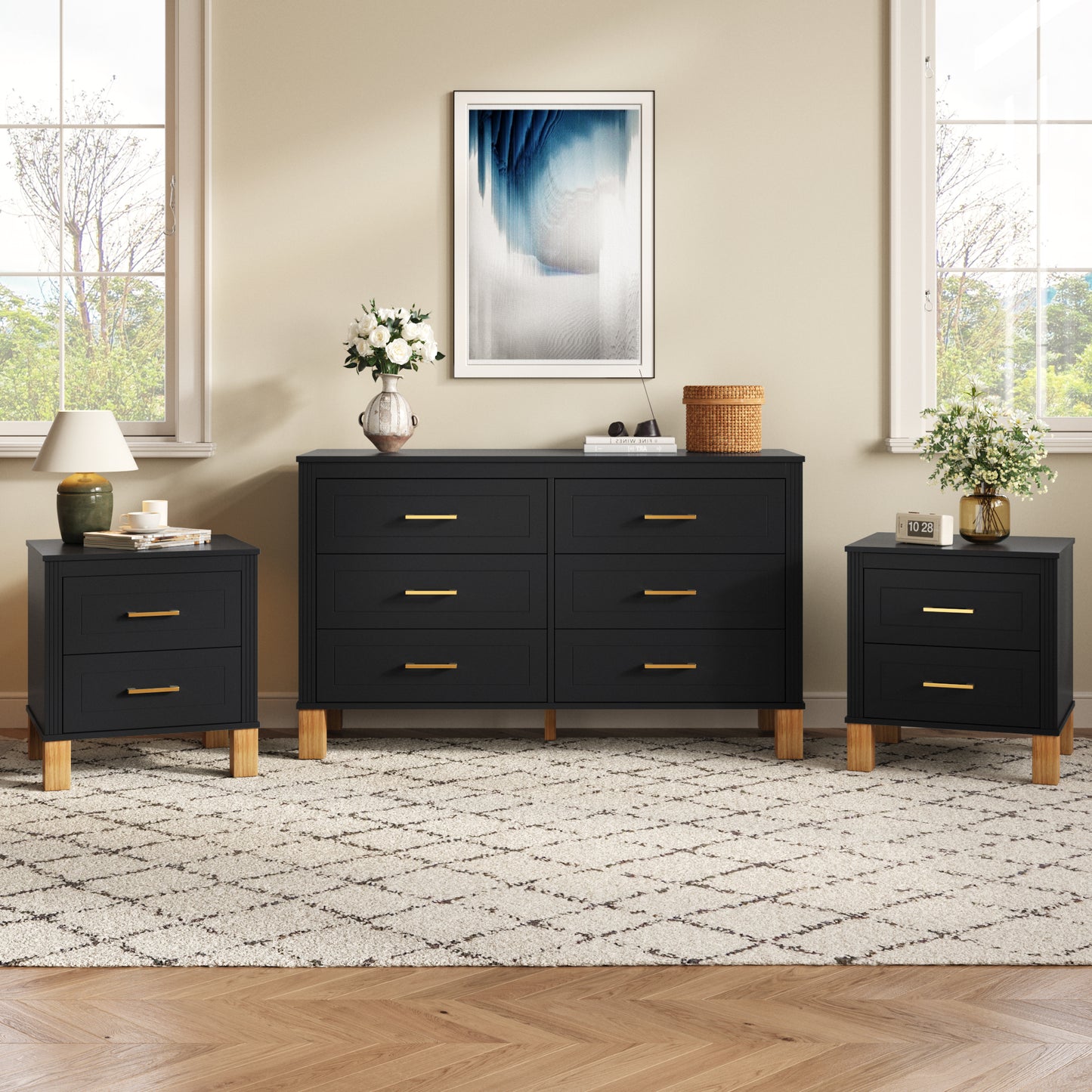 2 Drawer Nightstand, Premium Wood Storage With Elegant Fluted Design, Solid Wood Legs Nightstand With Metal Handle, Tall Bedside Table For Bedroom Living Room, Black