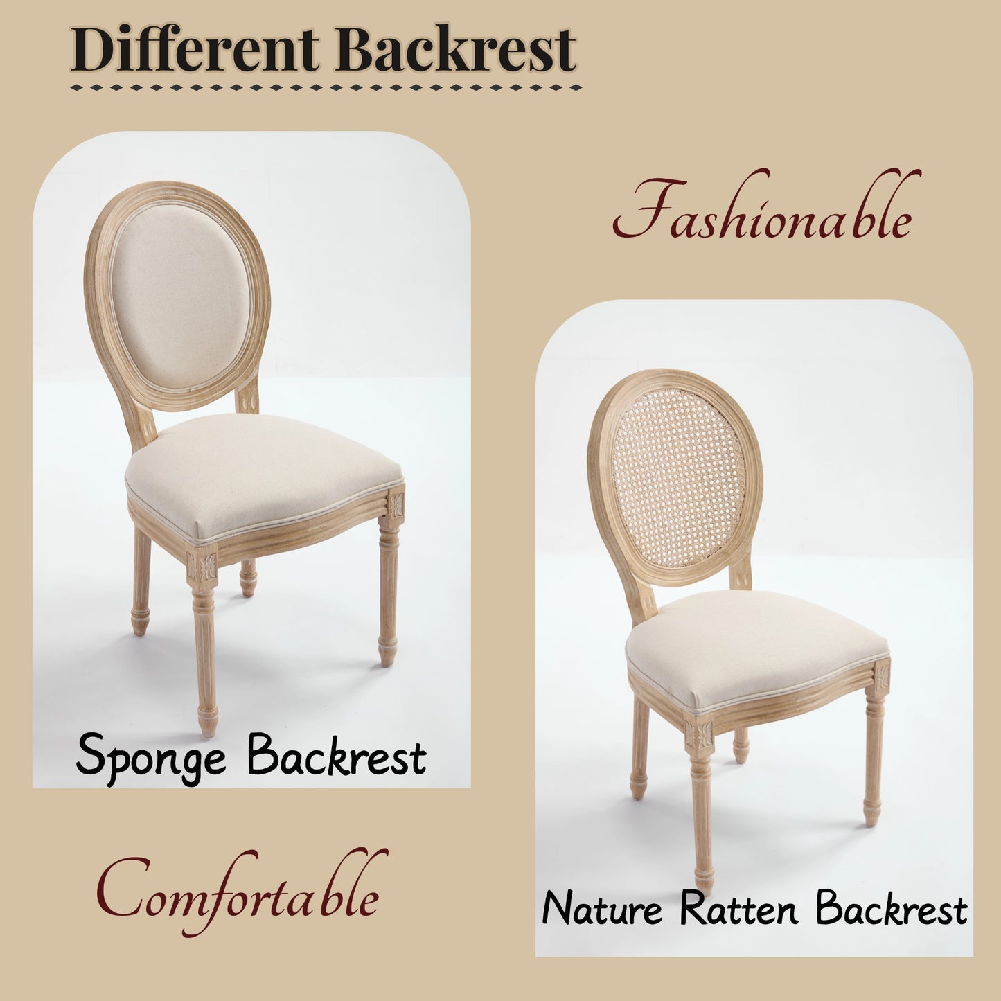 French Country Dining Chairs Set Of 2, Upholstered Chairs With Round Back, Wire Drawing And Carving Techniques ,Disassemblable , For Living Room, Kitchen , Restaurant Use, Beige