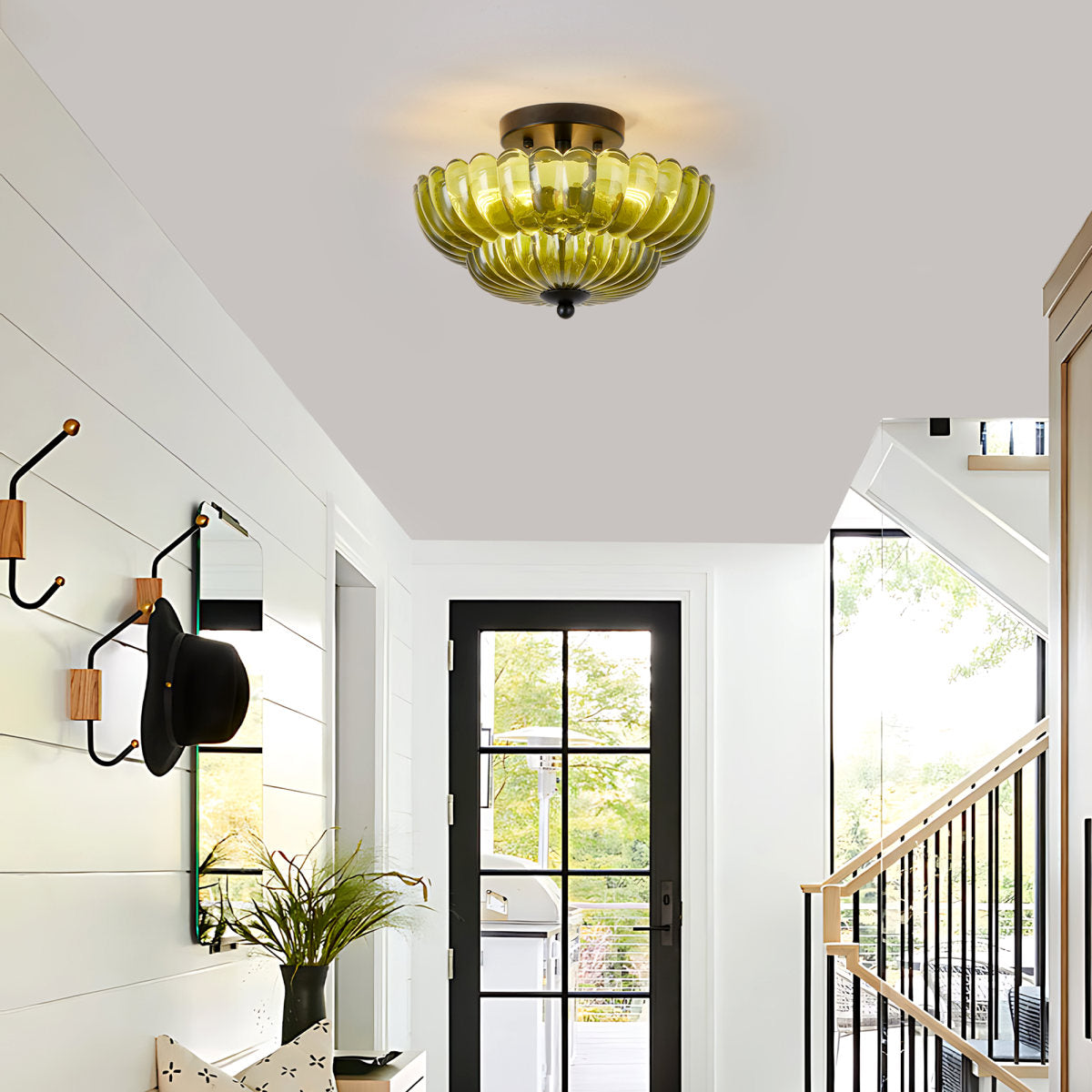 Semi Flush Mount Ceiling Light, Green Glass Ceiling Light Fixture, 3-Bulb Modern Black Close to Ceiling Light, Vintage Glass Ceiling Lights for Bedroom Kitchen Living Room, Bulb Not Included